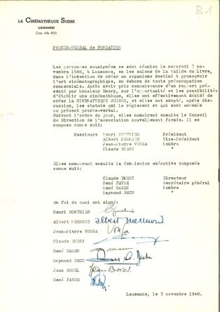 Procès verbal de la fondation de l'association "Cinémathèque suisse", 3 novembre 1948