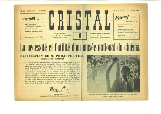 Article du Conseiller fédéral Philippe Etter en faveur de la Cinémathèque suisse et de la loi sur le cinéma, publié dans Cristal (1958)