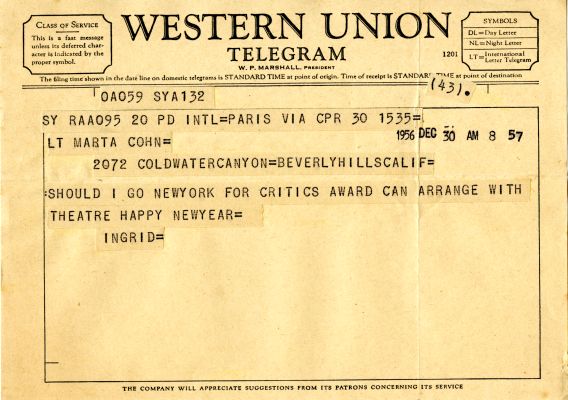 Télégramme envoyé par Ingrid Bergman à Marta Cohn le 30 décembre 1956