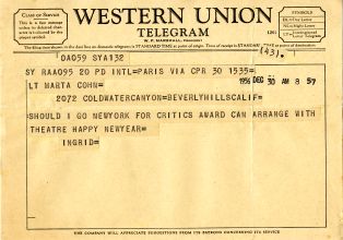 Télégramme envoyé par Ingrid Bergman à Marta Cohn le 30 décembre 1956