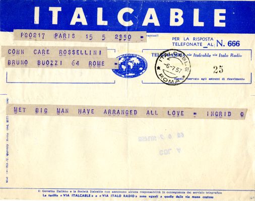 Télégramme envoyé par Ingrid Bergman à Marta Cohn le 6 juillet 1957