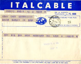 Télégramme envoyé par Ingrid Bergman à Marta Cohn le 6 juillet 1957
