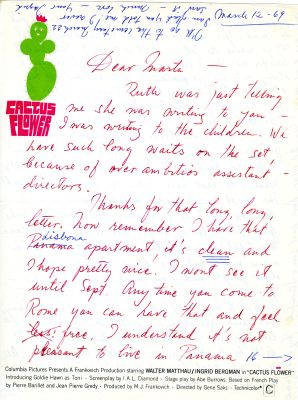 Lettre d'Ingrid Bergman à Marta Cohn, 12 mars 1969