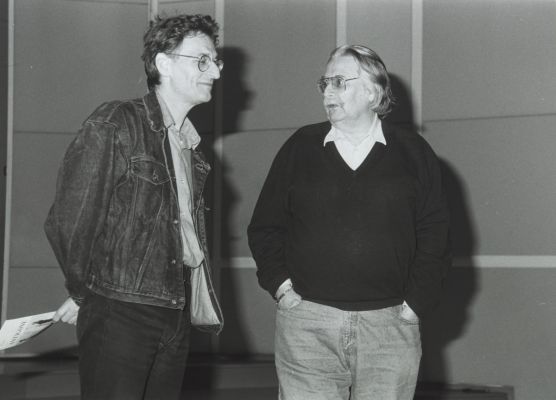 François Albera et Freddy Buache lors de la soirée en hommage à Jean-Marie Straub à la Cinémathèque suisse, années 1990