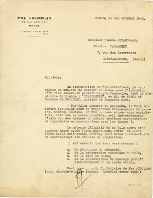Contrat pour la réalisation du film "Ciboulette" (1933), daté du 1er octobre 1932