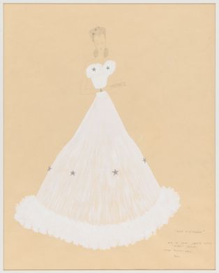 Dessin de Claude Autant-Lara pour l'une des robes du personnage joué par Odette Joyeux dans le film "Sylvie et le fantôme" (1946), daté de 1943. La robe, nommée "Le bal", fut finalement refusée par l'actrice qui en commandera une autre à Christian Dior.