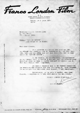Lettre du producteur Lucien Massé à Claude Autant-Lara, envoyée le 2 juin 1970 lors de la préparation par le cinéaste et ses deux collaborateurs fréquents, Jean Aurenche et Pierre Bost, de l'adaptation de "Lucien Leuwen" de Stendhal