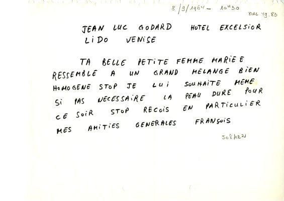 Télégramme envoyé par F. Truffaut à J.-L. Godard depuis le Festival de Venise, le 8 septembre 1964, le jour de la projection en compétition officielle du huitième long métrage de Godard, 
