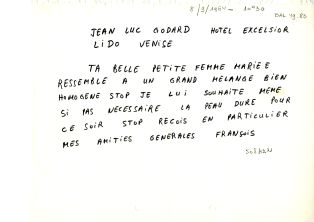 Télégramme envoyé par F. Truffaut à J.-L. Godard depuis le Festival de Venise, le 8 septembre 1964, le jour de la projection en compétition officielle du huitième long métrage de Godard, "Une femme mariée"