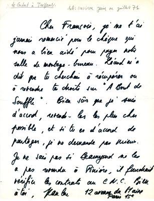 Lettre envoyée par J.-L. Godard à F. Truffaut en été 1971