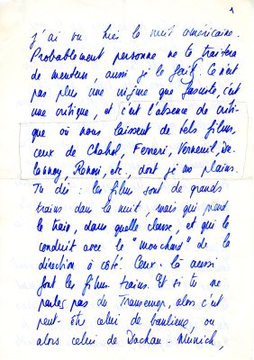 Première page de la fameuse lettre envoyée par J.-L. Godard à F. Truffaut en 1973, après avoir assisté à une projection de 