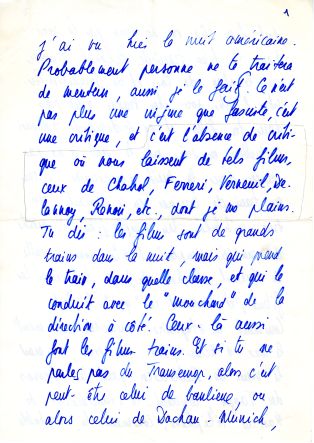 Première page de la fameuse lettre envoyée par J.-L. Godard à F. Truffaut en 1973, après avoir assisté à une projection de "La Nuit américaine" (1973), lettre qui marque une étape cruciale dans l'éloignement définitif de deux anciens amis