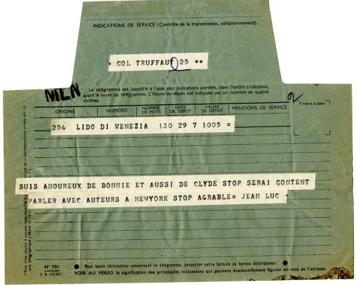 Télégramme envoyé par J.-L. Godard à F. Truffaut depuis Venise. Truffaut venait de recevoir le scénario de 