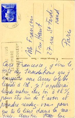 Carte postale envoyée en 1958, au moment de la préparation du court métrage 