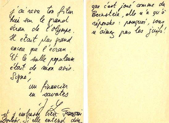 Lettre de J.-L. Godard à F. Truffaut, envoyée en 1964, au moment de la sortie en salles du film du second, 