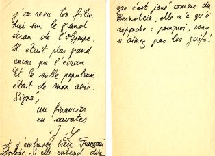 Lettre de J.-L. Godard à F. Truffaut, envoyée en 1964, au moment de la sortie en salles du film du second, "La Peau douce"