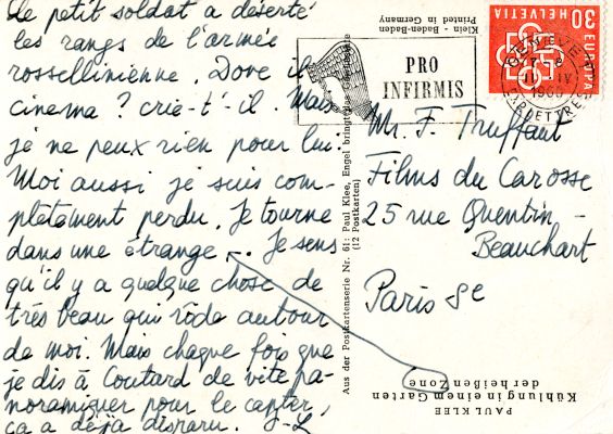 Carte postale envoyée par J.-L. Godard à F. Truffaut depuis Genève au printemps 1960, lors du tournage du deuxième long métrage de Godard, 
