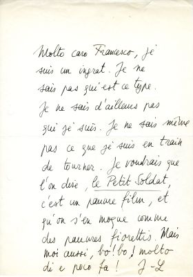Lettre envoyée par J.-L. Godard à F. Truffaut au printemps 1960, lors du tournage du deuxième long-métrage de Godard, 