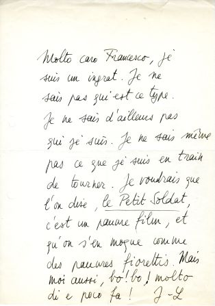 Lettre envoyée par J.-L. Godard à F. Truffaut au printemps 1960, lors du tournage du deuxième long-métrage de Godard, "Le Petit soldat"