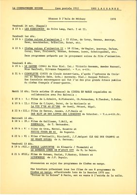 Programme des projections de la Cinémathèque suisse en novembre-décembre 1978 à l'Aula de Béthusy