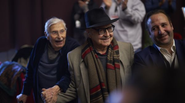 Freddy Buache et Jean-Luc Godard, salle Paderewski, 11 avril 2019. Photo par Mikko Kuutti